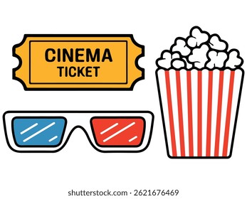 movie theater items bucket stereo isolated vector illustration on white background