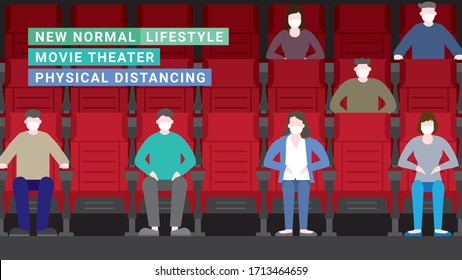Movie theater lifestyle after pandemic covid-19 corona virus. New normal is social distancing and wearing mask. Flat design style vector concept svg