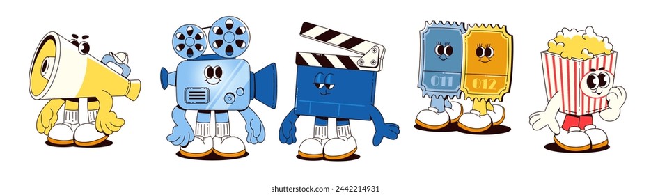 Movie theater mascots set isolated on white background. Vector cartoon illustration of megaphone, film projector, clapperboard, tickets, popcorn box characters, contemporary cinema design elements