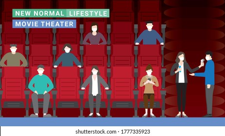 Movie theater new normal lifestyle after pandemic COVID-19 coronavirus. Social distancing, Wearing masks, Thermal check and Hand sanitizing at entrance. Flat design style illustration vector concept. svg