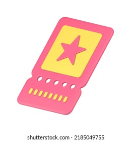 Movie theater pink yellow coupon ticket pass entrance entertainment show access isometric 3d icon realistic vector illustration. Financial retail sale discount business promo entry event film badge