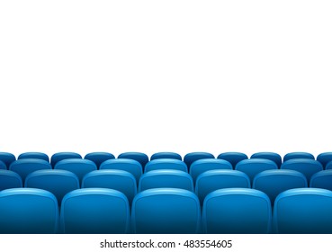 Movie theater with row of blue seats. Premiere event template. Super Show design. Presentation concept with place for text.