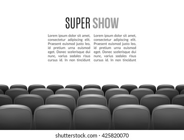 Movie theater with row of gray seats. Premiere event template. Super Show design. Presentation concept with place for text.