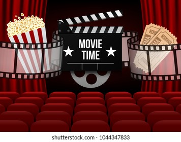 Movie theater with row of red seats popcorn and tickets. Premiere event template. Super Show design. Vector Illustration