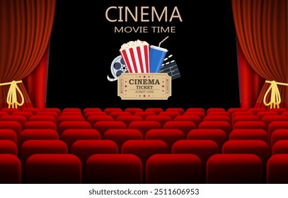 Cinema com fileira de assentos vermelhos clapperboard, refrigerante e pipoca e filme bilhete. Design de pôster de estreia de cinema