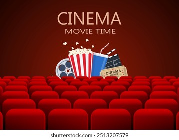 Movie theater with row of red seats clapperboard, soda and popcorn and ticket movie. Movie cinema premiere poster design