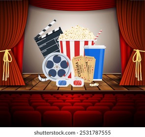 Cinema com fileira de assentos vermelhos clapperboard, refrigerante e pipoca e filme bilhete. Design de pôster de estreia de cinema