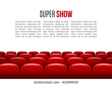 Movie theater with row of red seats. Premiere event template. Super Show design. Presentation concept with place for text.