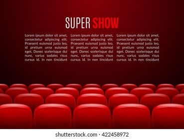 Movie theater with row of red seats. Premiere event template. Super Show design. Presentation concept with place for text.