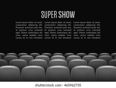 Movie theater with row of red seats. Premiere event template. Super Show design. Presentation concept with place for text.