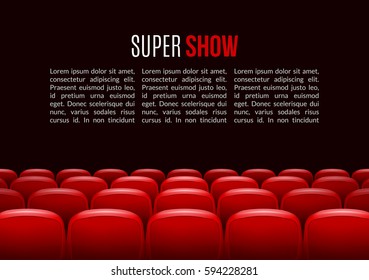 Movie theater with row of red seats. Premiere event template. Super Show design. Presentation concept with place for text.