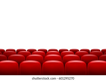 Movie theater with row of red seats isolated. Premiere event template. Super Show design. Presentation concept with place for text.