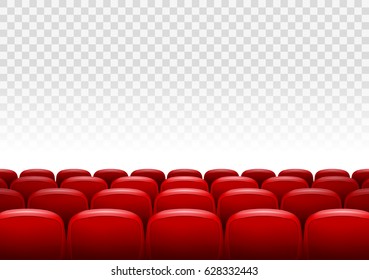 Movie theater with row of red seats isolated. Premiere performance event template. Show design with place for screen and text. Cinema background.