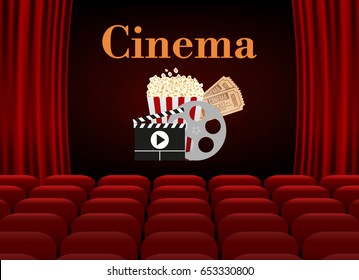 Movie theater with row of red seats popcorn and tickets. Premiere event template. Super Show design.