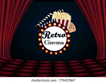 Movie theater with row of red seats popcorn and tickets. Premiere event template Retro Cinema. Super Show design.