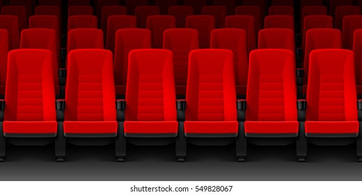 Movie theater with rows of red empty chairs, cinema hall seats vector illustration