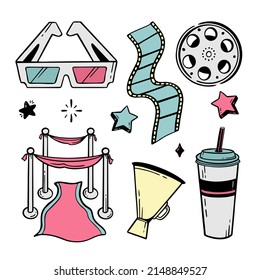 Filmtheater Set von Elementen doodle Linie für Festivals und Feiertage Vektorgrafik im Stil der Doodle einzeln auf Weiß 