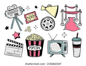 Movie theater set of elements doodle line for festivals and holidays Vector illustration in the style of doodle isolated on a white 