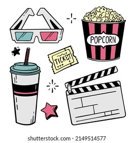 Movie theater set of elements hand-drawn line for festivals and holidays Vector illustration in the style of doodle isolated on a white 