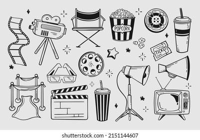 Movie theater set of elements hand-drawn with a line for festivals and holidays Vector illustration in the style of a doodle isolated on a gray 