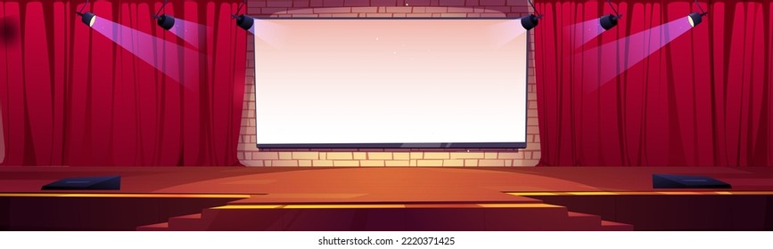 Movie theater or show studio with stage, white screen, red curtains and spotlights. Concert hall interior with empty scene, blank cinema screen and projectors, vector cartoon illustration