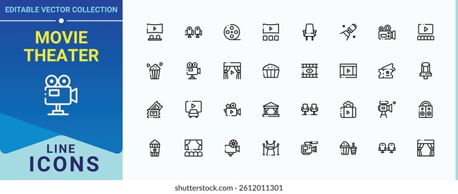 Movie Theater simple icon. Contains such icons as entertainment, film, video, ticket, theater, tv, camera. Cinema linear icon collection. Expanded stroke icons. Editable vector illustration.
