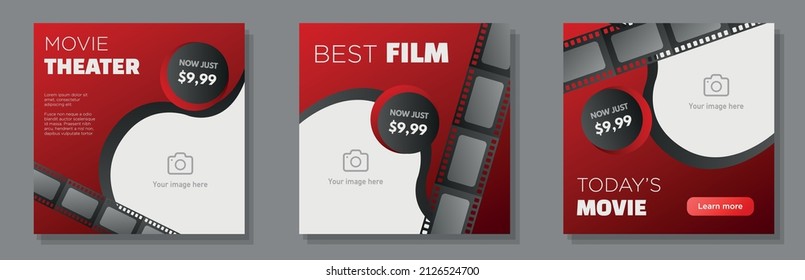 Movie theater social media post, banner set, film offer advertisement concept, video roll marketing square ad, abstract print, isolated on background.