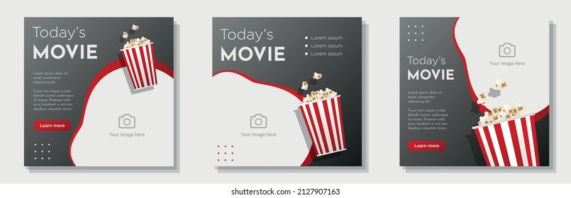 Movie Theater Social Media Post, Banner Set, Cinematic Film Offer Advertisement Concept, Popcorn Bucket Marketing Square Ad, Abstract Print, Isolated On Background.