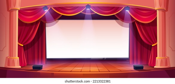 Movie theater stage, cinema, theatre scene with screen, red curtains, roman columns and spotlights. Empty concert hall interior with blank screen and light illumination, Cartoon vector illustration