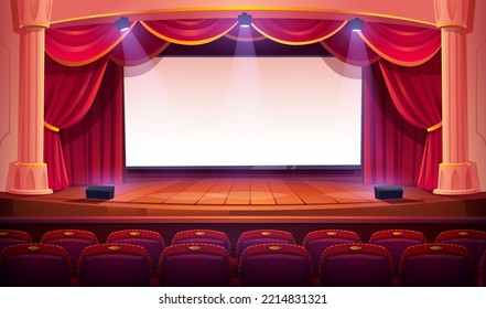 Movie theater with white screen, wooden stage, red curtains, spotlights, columns and auditorium chairs. Empty theatre interior with blank cinema screen, seats, vector cartoon illustration