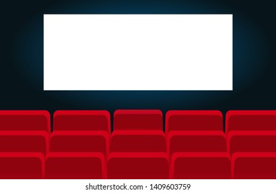Movie theatre background with white screen red chairs.
