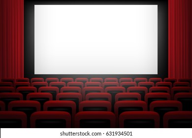 Movie Theatre Background With White Screen Red Curtains And Chairs.