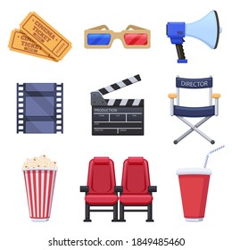 Movie theatre elements. Film production and cinema industry, tickets, 3d glasses, popcorn and movie clapboard. Cinema objects vector illustrations. Cinematography, red chairs for spectators, drink