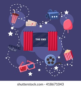 Movie Theatre Objects Collection Flat Bright Colors Simple Style Vector Illustration On Dark Blue Background