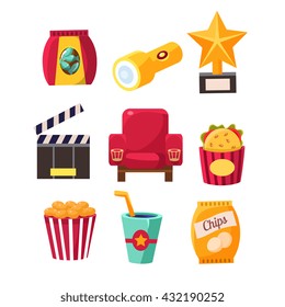 Movie Theatre Related Objects Collection. Isolated Cinema Themed Items Drawings. Collection Of Vector Stickers Related To Movie Theatre.