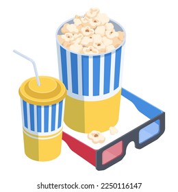 Movie theatre symbols. Isometric cinema 3d glasses, popcorn and soda 3D flat vector illustration on white background