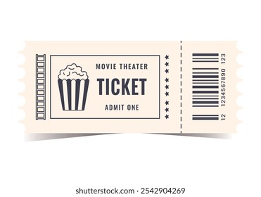 Movie theatre ticket isolated on white background. Vector, cinema, movie, film, popcorn, play, party, event, festival ticket realistic template black and white . Ticket icon for website.