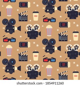 Movie themed seamless pattern - retro cinema print design on light brown background
