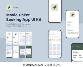 Movie Ticket Booking App UI Kit Including Account Sign In, Sign Up, Booking And Service Type Review Screens For Responsive Website.