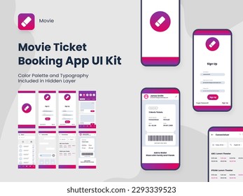 Movie Ticket Booking App UI Kit Including Account Sign In, Sign Up, Booking and Service Type Review Screens for Mobile Application.