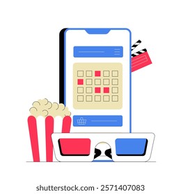 Movie Ticket Booking Screen With Popcorn And 3D Glasses In Flat Vector Illustration Symbolizing Entertainment, Cinema Experience, And Digital Ticketing, Isolated On White Background.