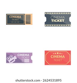 Movie ticket icons set cartoon vector. Four various cinema ticket. Entertainment concept