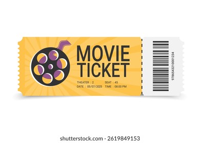 Movie ticket retro template design with film reel, front view with barcode. Cinema ticket design. Vector illustration