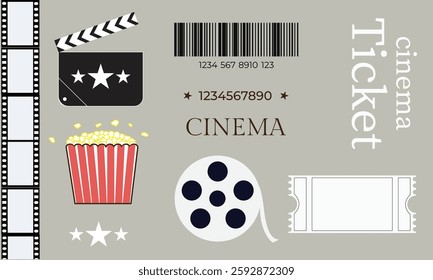 movie ticket set, movie ticket samples, film strip; movie ticket; film; barcode template; Cinema icon set line, clapper board