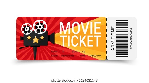 Design de modelo de tíquete de filme com câmera de filme retrô no plano de fundo dos raios. Design de tíquete de filme. Ilustração vetorial