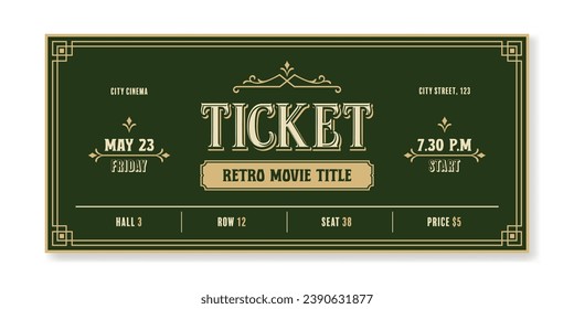 Vorlage für Filmtickets im Vintage-Stil auf dunkelgrünem Hintergrund. Für Kinos, Partys, Clubs, Konzerte und andere Retro-Events. Vektorgrafik, druckbar. Fügen Sie einfach Ihren Text hinzu.