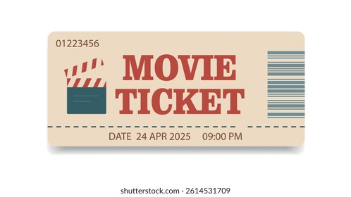 Movie ticket vector flat with barcode, cut line, simple style, red beige blue color