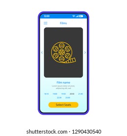 Movie tickets booking smartphone interface vector template. Mobile cinema app page blue design layout. Film name, time, seats selection screen. Flat UI for application. Online ticketing phone display 