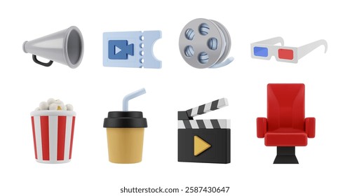 Movie tickets and camera roll, glasses and clapper, comfortable seat for audience and snacks, popcorn and coffee. Vector in 3d style, isolated set of cinema icons. Cinematography and leisure time