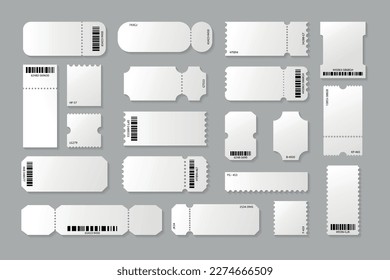 Movie tickets. Event coupons. Vintage circus or lottery access cards with barcode or QR code. Blank mockup for cinema or theater pass labels with separated lines. Vector garish paper set